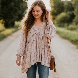 RnB Pink Floral Cottagecore Long Sleeve Ruffle Flowy Blouse Size XL with Ties